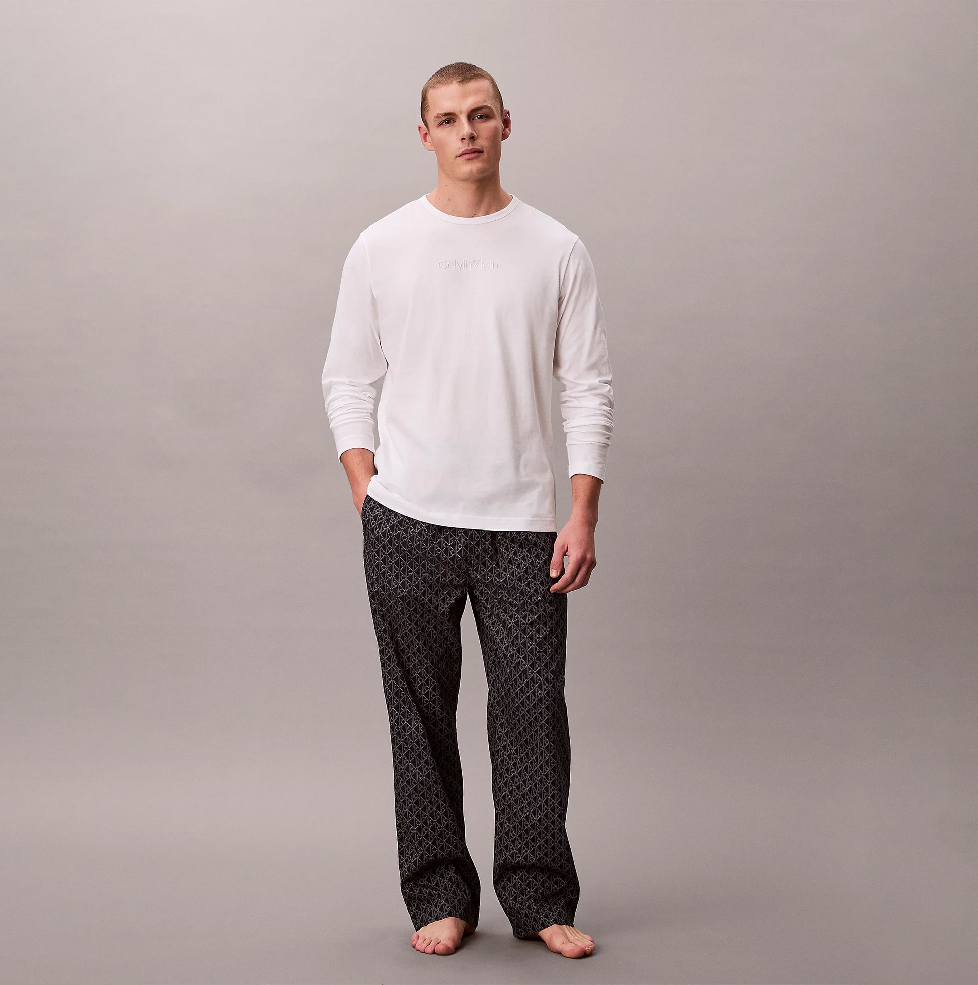 Calvin Klein LS TEE PANT SET Mens Multicoloured front view showcasing long sleeve tee and patterned pants.