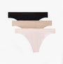 Calvin Klein Bonded Flex Seamless Womens 3 Pack Thong Multi, front view of black, nude, and pink thongs stacked together.