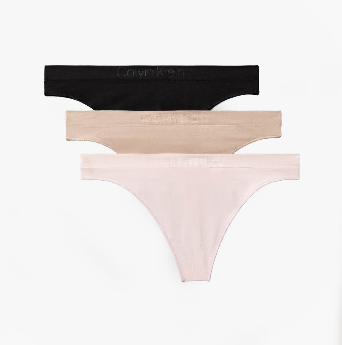 Calvin Klein Bonded Flex Seamless Womens 3 Pack Thong Multi, front view of black, nude, and pink thongs stacked together.