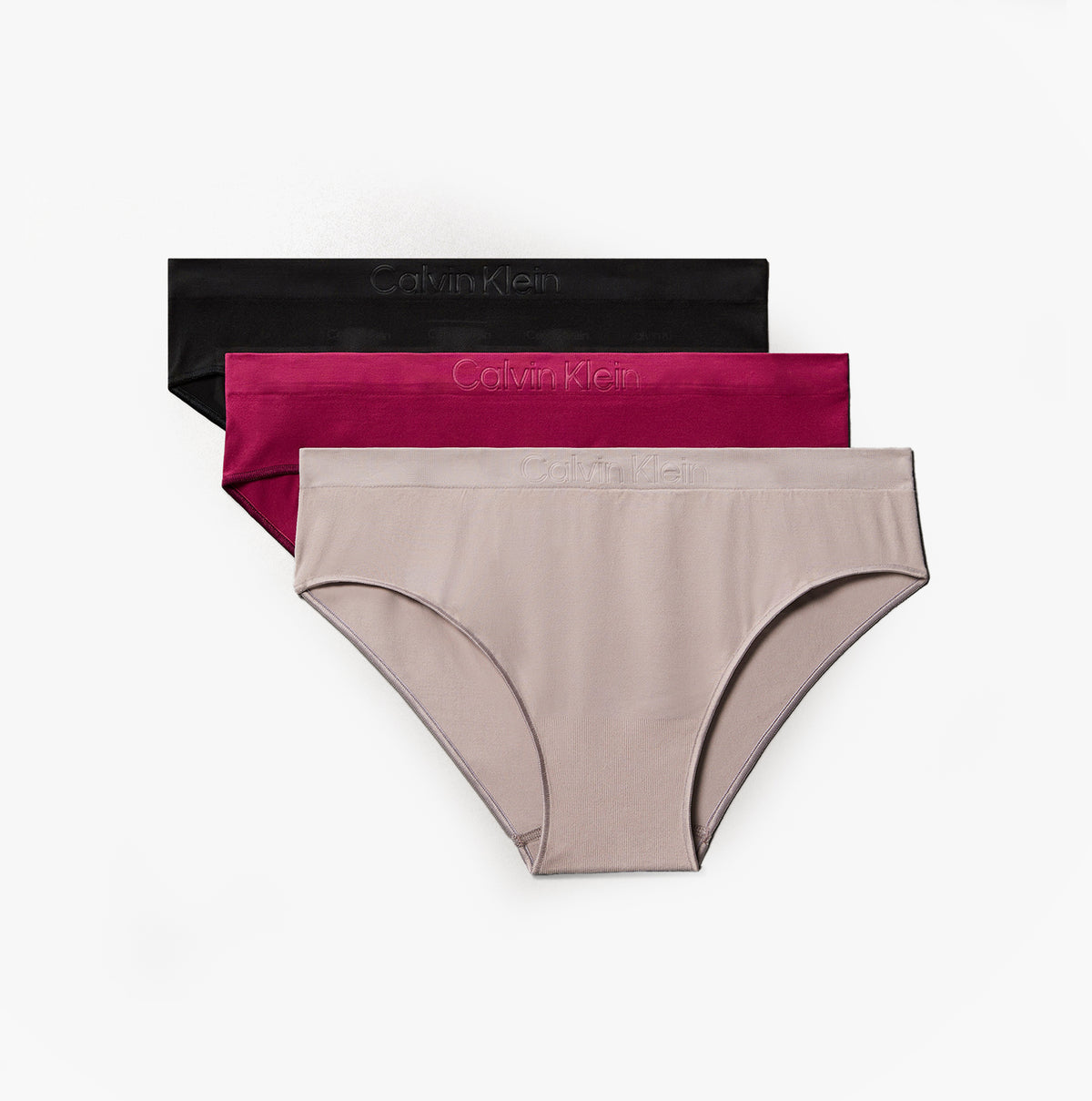 Calvin Klein BIKINI 3 PACK Womens Bikini Multicoloured, front view of three bikinis in black, burgundy, and taupe.