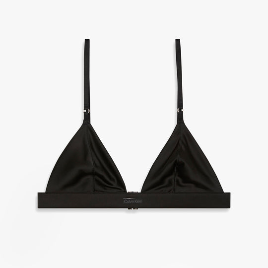 Calvin Klein UNLINED TRIANGLE Womens Black front view of triangle bra featuring adjustable straps and soft material.