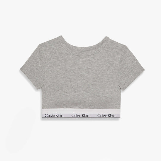 Calvin Klein Womens T-Shirt Bralette Icon Cotton Modal Grey front view showcasing the logo and fabric texture.