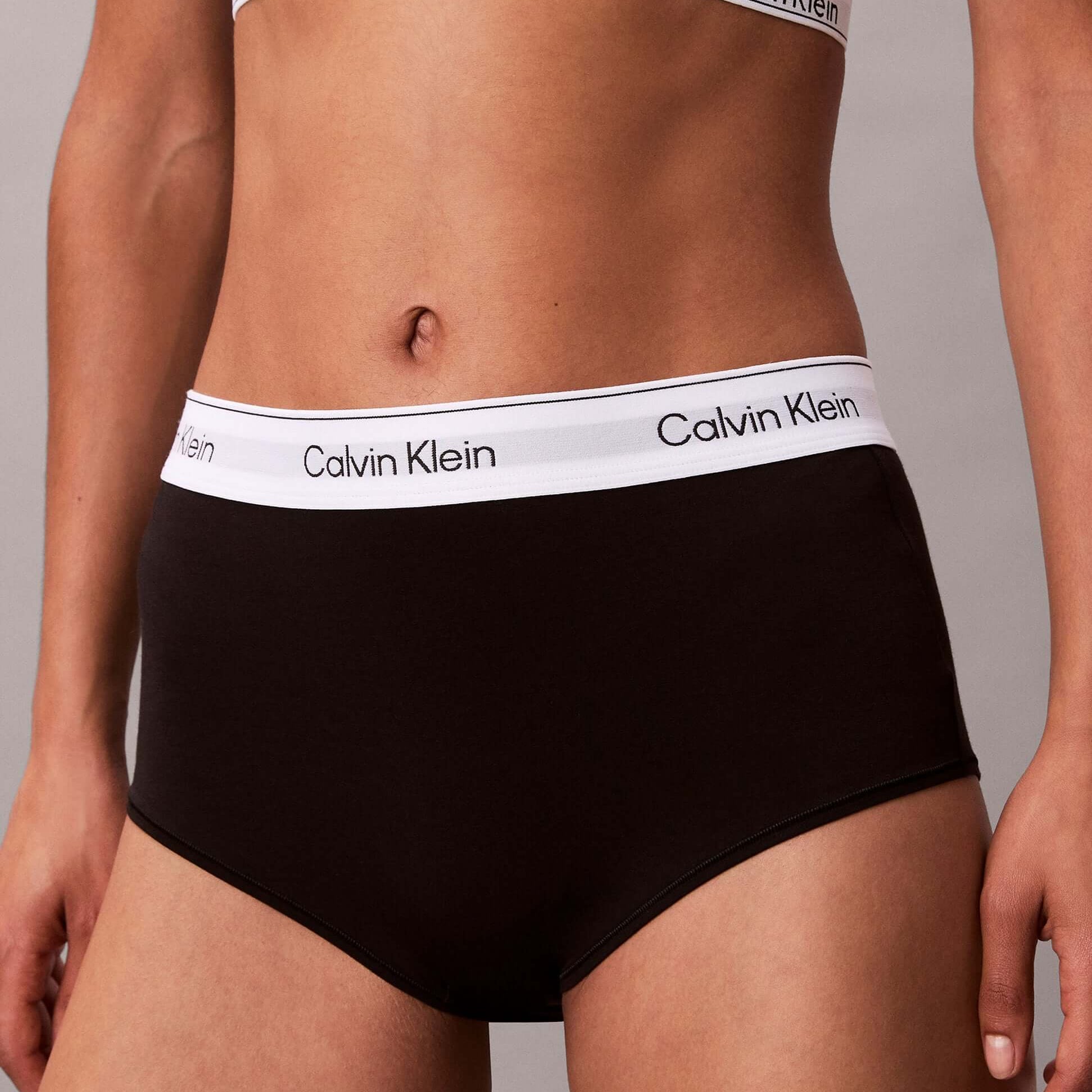 Calvin Klein Icon Cotton Modal Womens Boy Shorts Black front view, featuring logo waistband and soft cotton blend fabric.