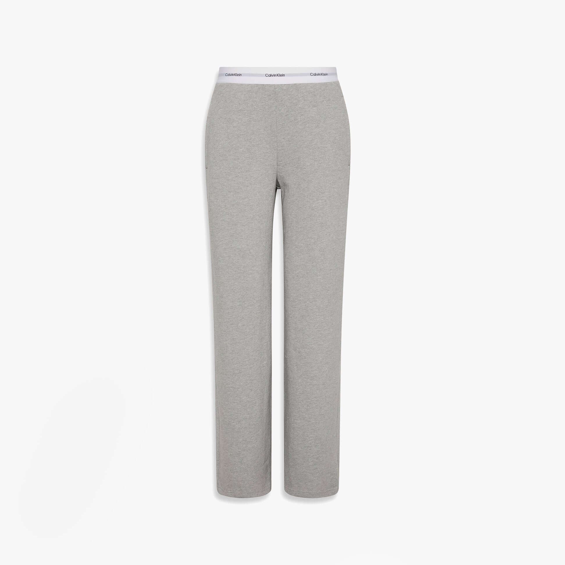 Calvin Klein LOGO JERSEY PANT Womens Grey Heather front view showcasing soft cotton material and elastic waistband.