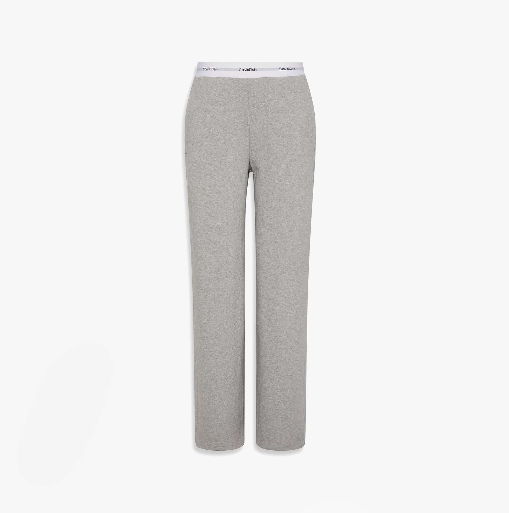 Calvin Klein LOGO JERSEY PANT Womens Grey Heather front view showcasing soft cotton material and elastic waistband.