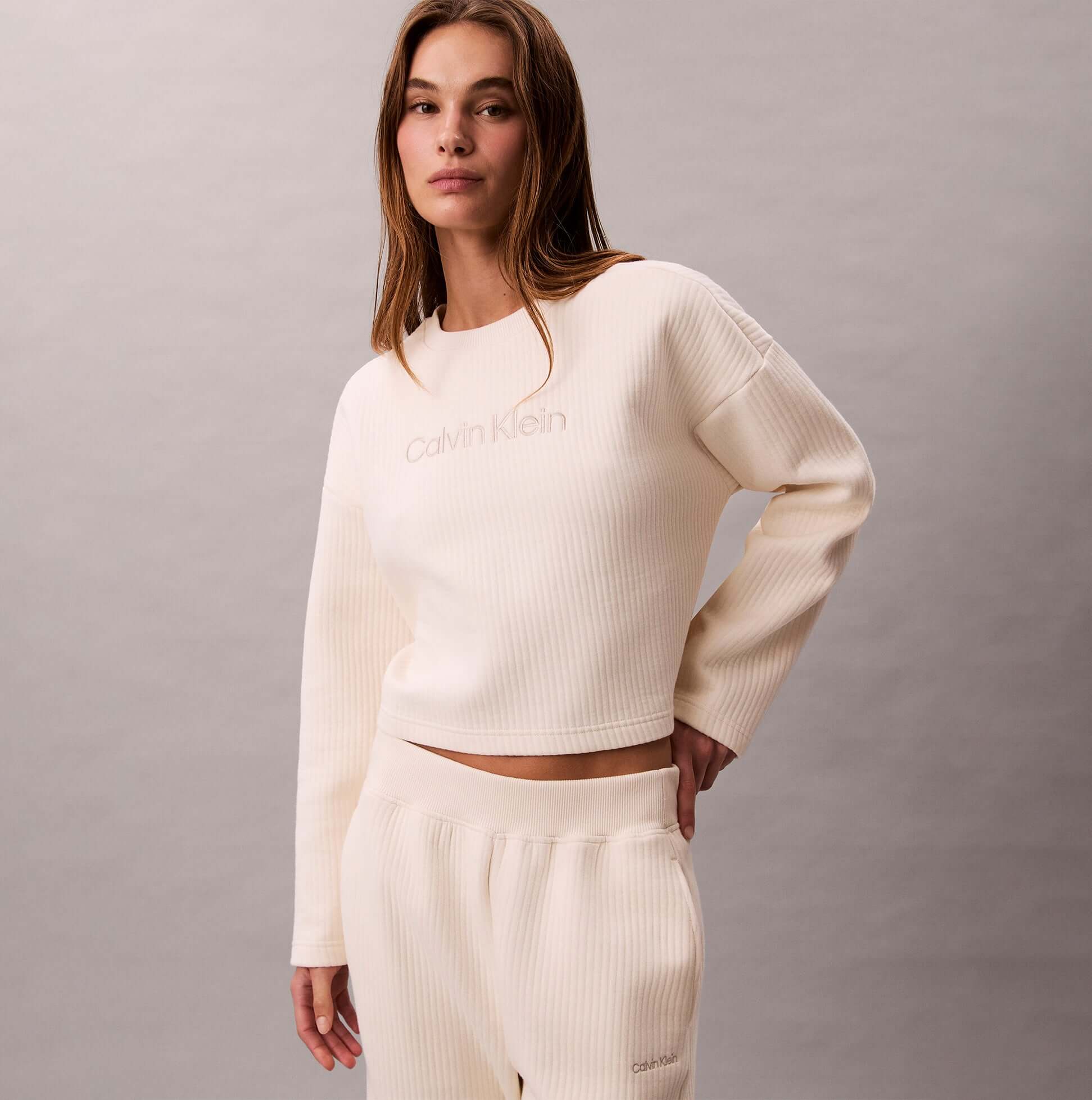 Calvin Klein LS QUILTED SWTSHIRT Womens Sweatshirts Ivory