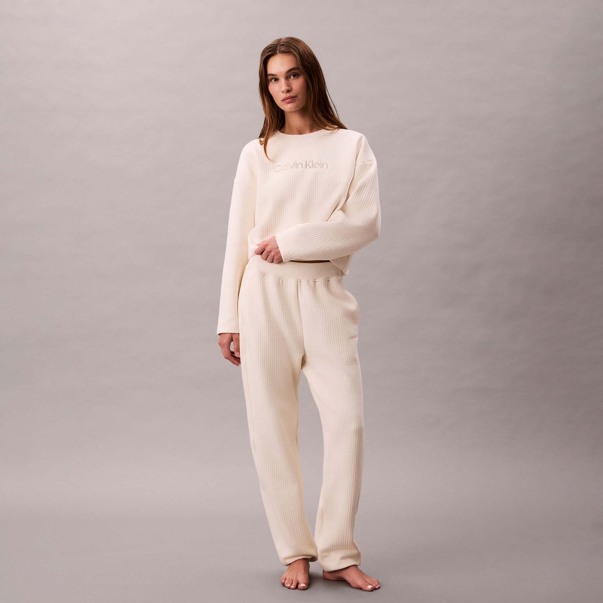 Calvin Klein QUILTED JOGGER Womens Ivory front view model wearing outfit.