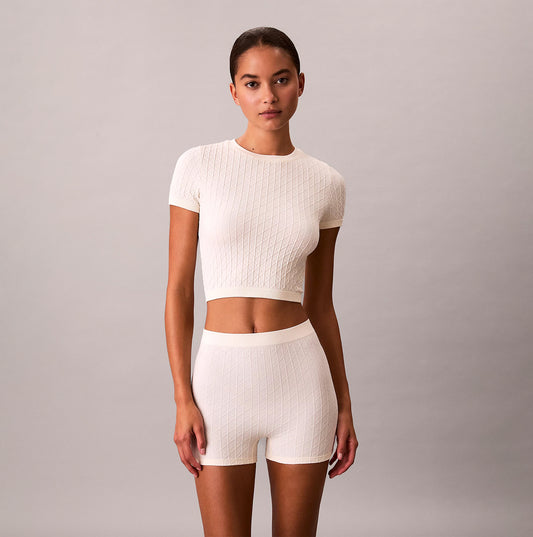 Calvin Klein SEAMLESS TEE Womens Printed CK Knit T-Shirt Ivory