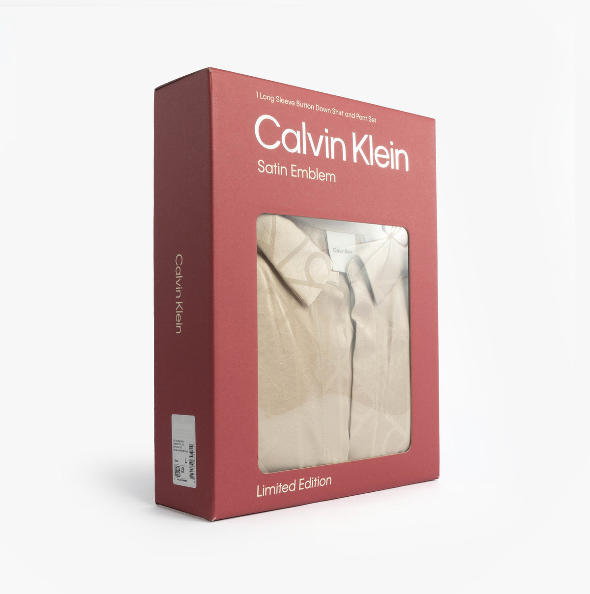 Calvin Klein SATIN AOP SET Womens Satin Shine front view with packaging display, showcasing long sleeve satin shirt set.