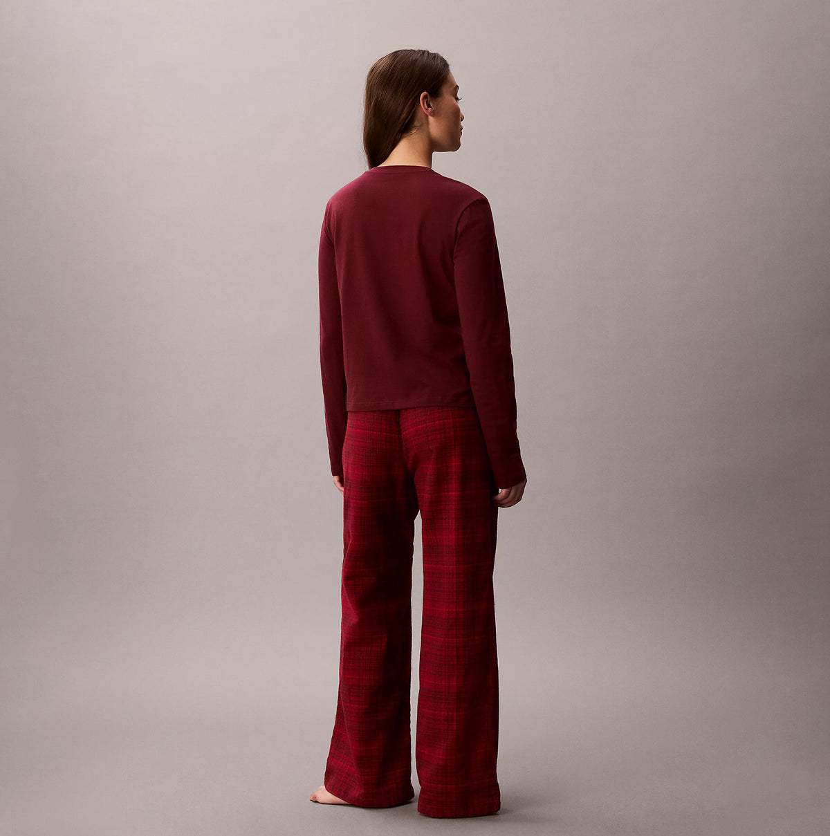Calvin Klein LS TEE FLANNEL PANT Womens Pant Set Red back view showing long sleeve tee and flannel pants in checkered pattern.