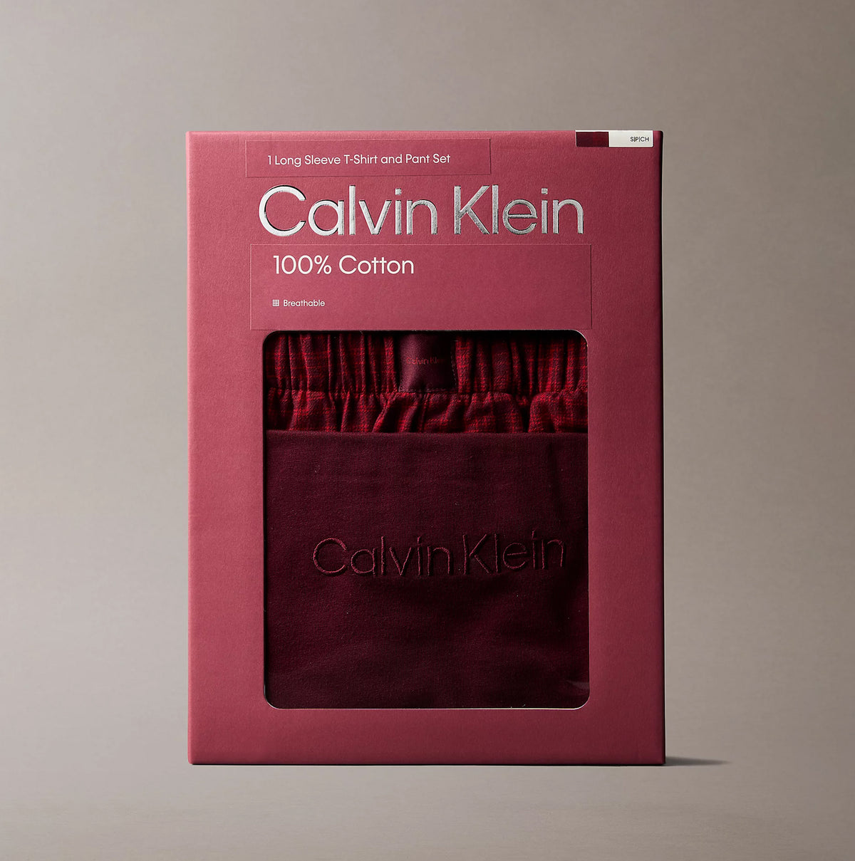 Calvin Klein LS TEE FLANNEL PANT Womens Pant Set Red in packaging, front view, 100% cotton material.