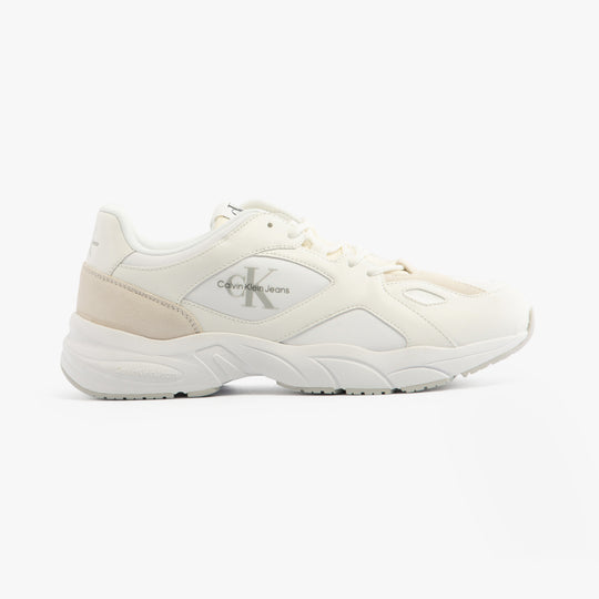 Calvin Klein RETRO TENNIS Mens Trainers White/White/Stormfront side view showcasing casual leather upper and low top design.