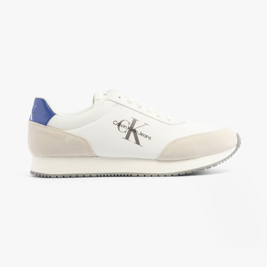 Calvin Klein RETRO RUNNER LOW MIX Mens Trainers Bright White/Sapphire Blue side view showing leather and suede design.