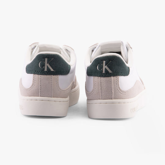 Calvin Klein CLASSIC CUPSOLE ICON Mens Trainers Bright White/Green Palm rear view showcasing suede and textile materials.