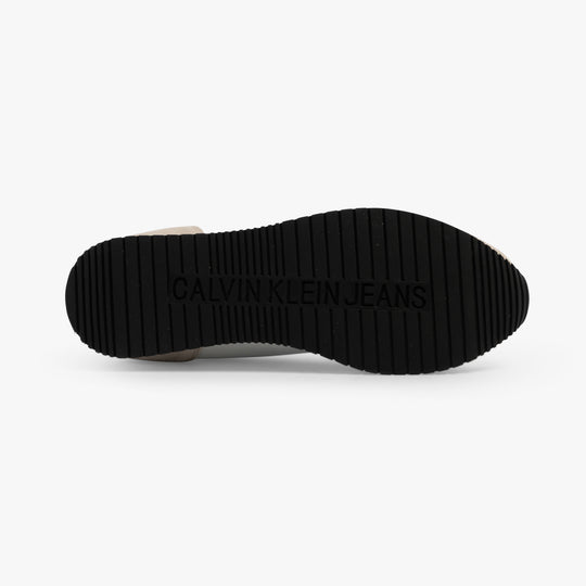 Calvin Klein RETRO RUNNER ICONIC Mens Trainers B White/ Ck Black/ Green Palm bottom view showcasing rubber sole detail.