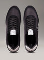 Calvin Klein RETRO RUNNER ICONIC Mens Trainers Black/Bright White top view showing suede and mesh design.