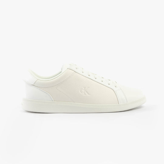 Calvin Klein LOW PROFILE CUPSOLE Mens Trainers Triple Bright White side view showcasing leather upper and round toe design.