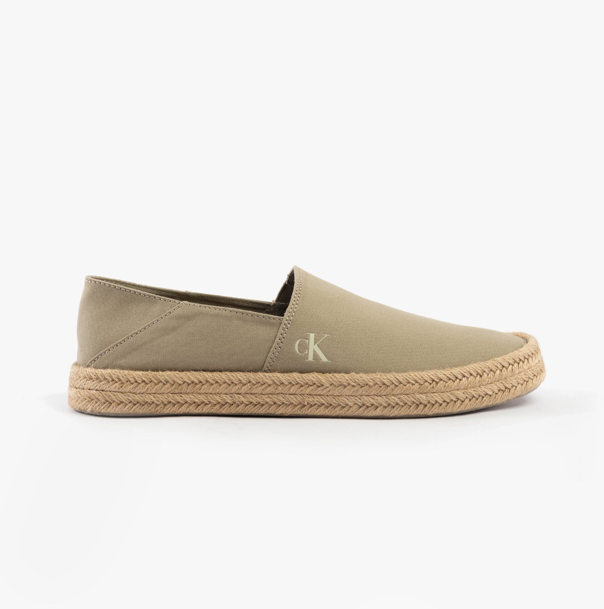Calvin Klein ESPADRILLE Mens Canvas Shoes Weathered Teak side view with slip-on design and round toe.