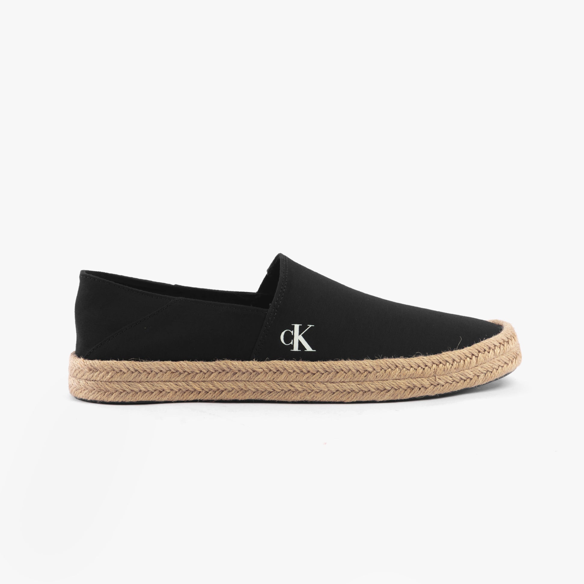 Calvin Klein ESPADRILLE Mens Canvas Shoes Ck Black side view featuring black canvas upper and espadrille sole.