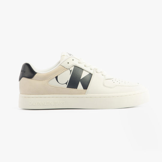 Calvin Klein CLASSIC CUPSOLE Womens Trainers Bright White/Black side view showcasing leather and suede upper.