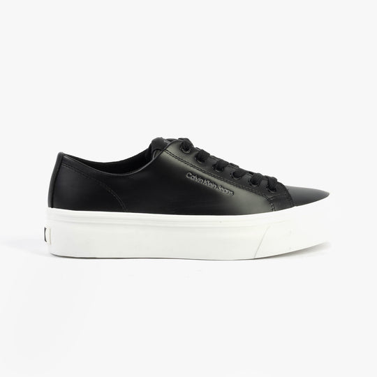 Calvin Klein VULC FLATFORM LOW Womens Trainers Black/Bright White side view showcasing leather upper and rubber sole.