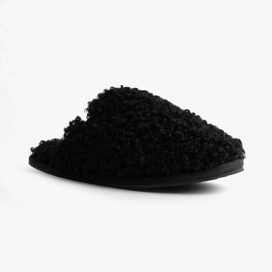 Calvin Klein CLOSE SLIPPER FUR Womens Slippers Black side view showing faux fur upper and flat sole.