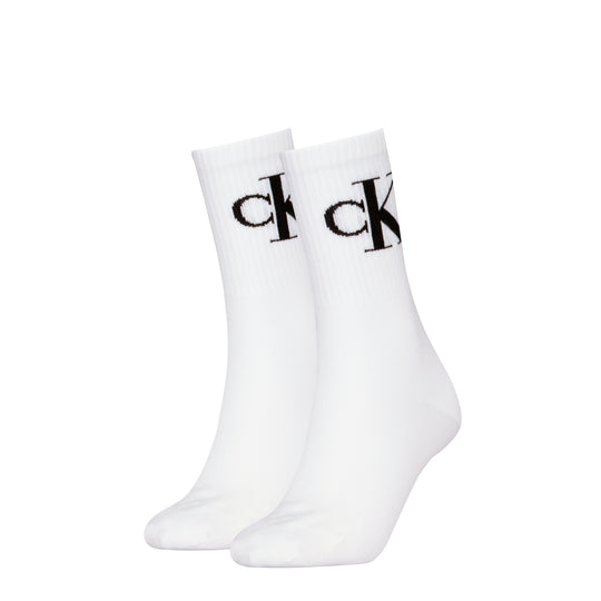Calvin Klein 2 Pack Logo Trainer Womens Crew Socks White front view displaying CK logo prominently.