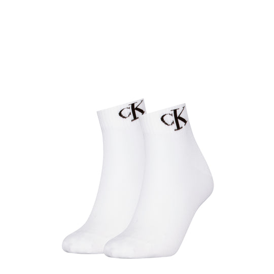 Calvin Klein 2 Pack Logo Trainer Womens Ankle Socks White, side view showing both socks with logo detail.