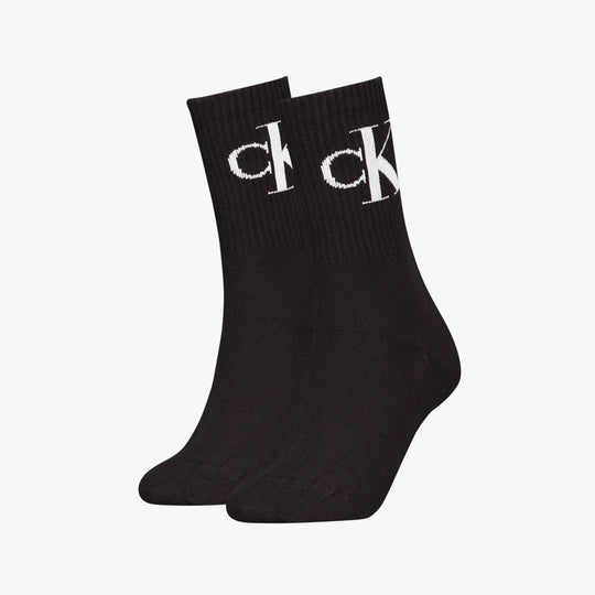 Calvin Klein 2 Pack Logo Trainer Womens Crew Socks Black, front view showcasing socks with CK logo in white.