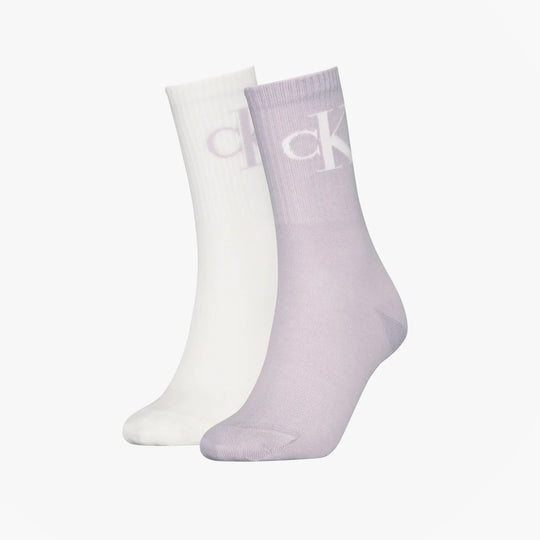 Calvin Klein 2 Pack Logo Trainer Womens Crew Socks Lilac, featuring lilac and white colors, side view showcasing logo design.