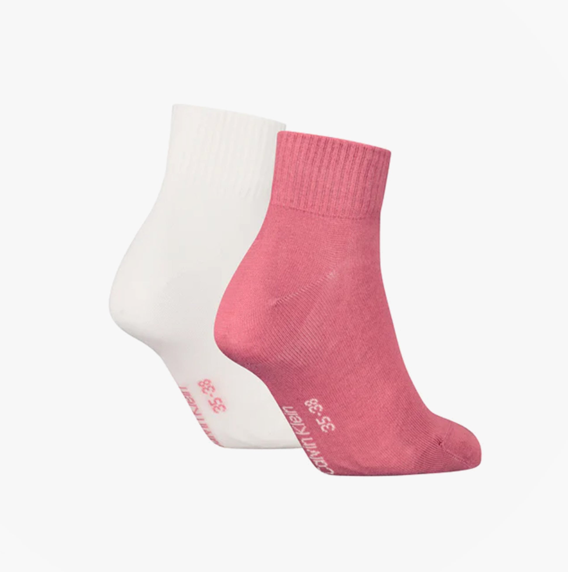 Calvin Klein 2 Pack Logo Trainer Womens Ankle Socks Pink side view showing pink and white socks.