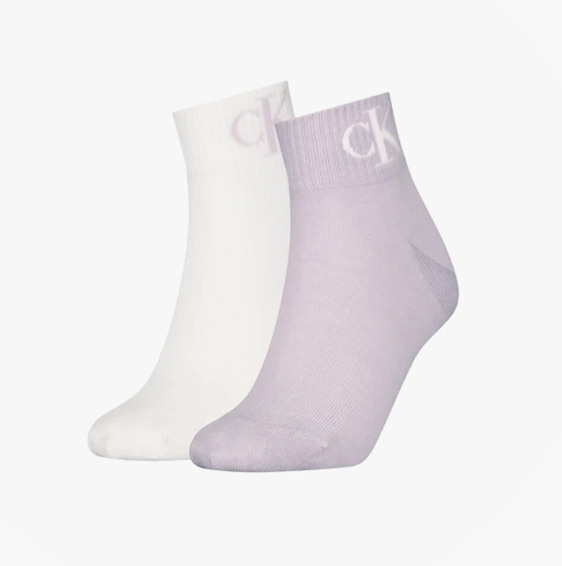 Calvin Klein 2 Pack Logo Trainer Womens Ankle Socks Lilac in side view, featuring lilac and white colors with logo detail.
