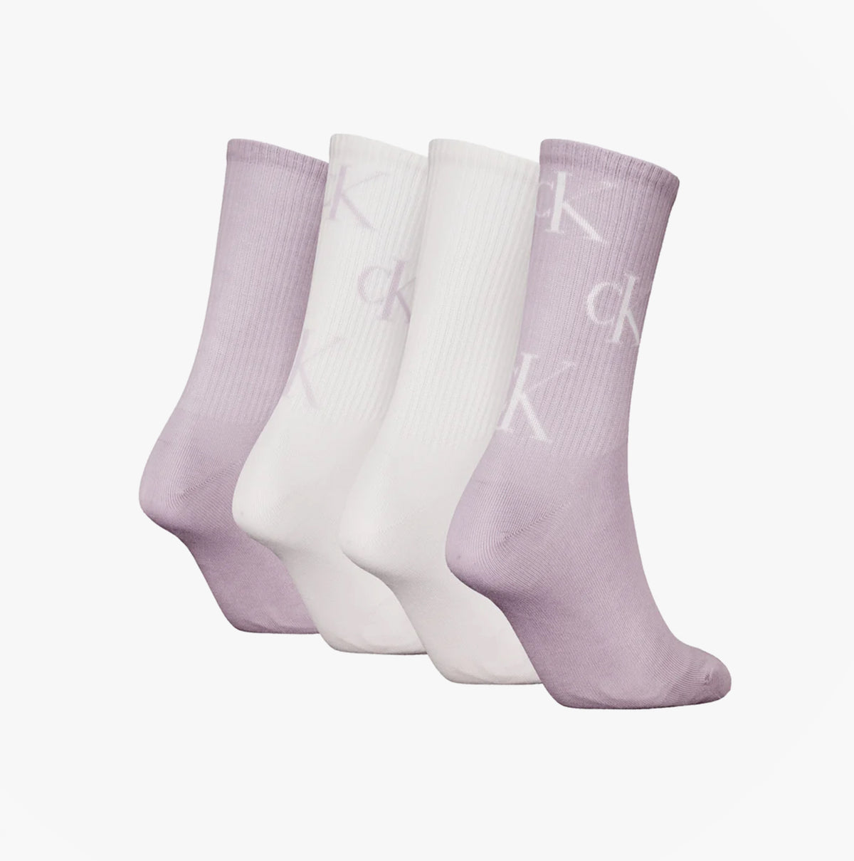 Calvin Klein 4 Pack Giftboxed Trainer Womens Crew Socks Lilac Combo side view showing purple and white socks with logo.
