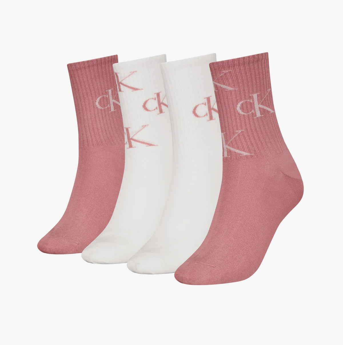 Calvin Klein 4 Pack Giftboxed Trainer Womens Crew Socks Pink Combo side view displaying four colorful crew socks.