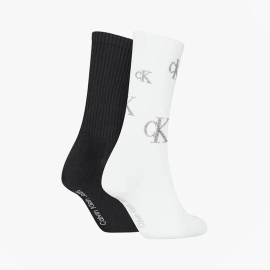 Calvin Klein 2 Pack Logo Trainer Womens Crew Socks Black/White side view showcasing black and white socks with logo.