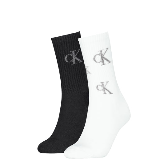 Calvin Klein 2 Pack Logo Trainer Womens Crew Socks Black/White side view showcasing black and white pairs with logo.
