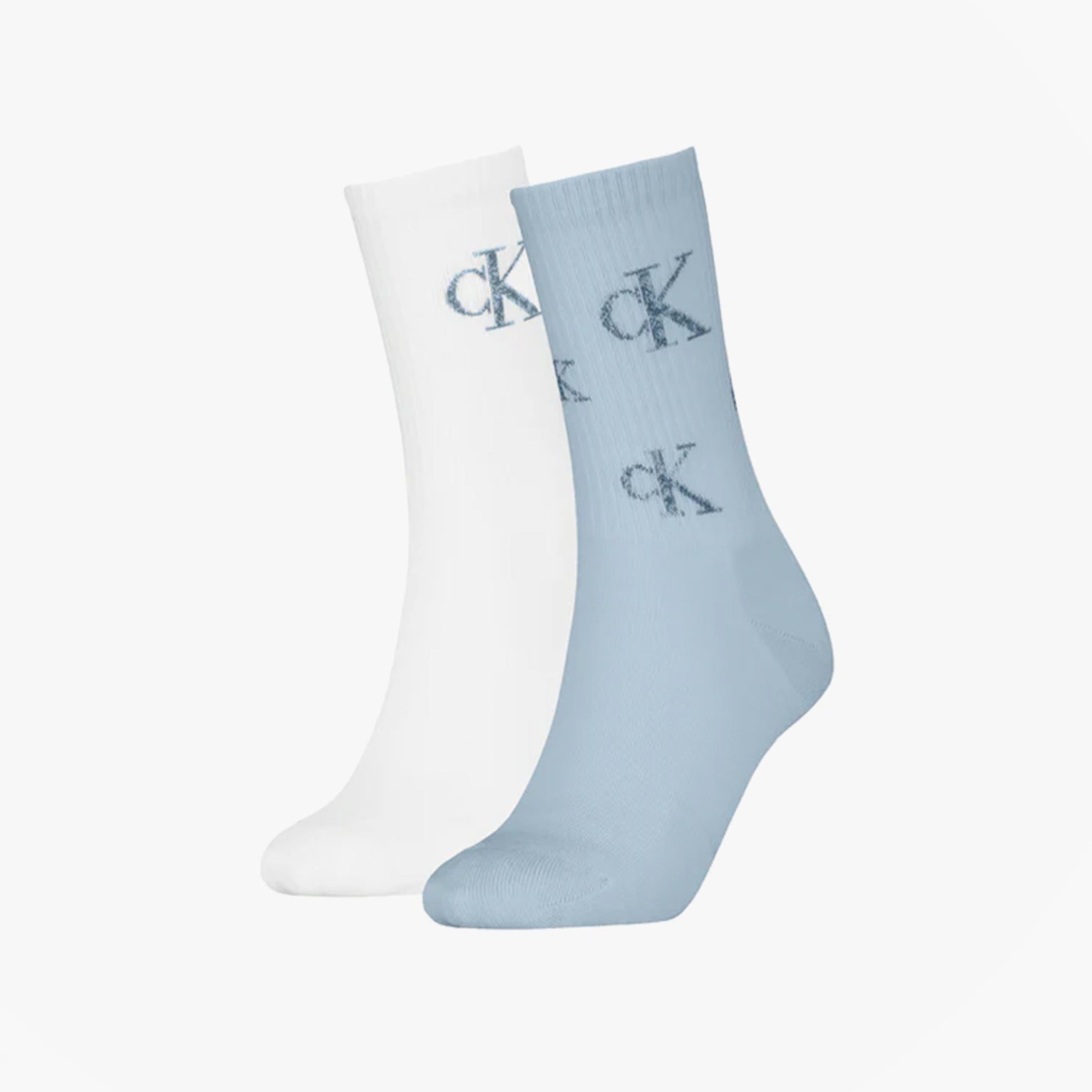 Calvin Klein 2 Pack Logo Trainer Womens Crew Socks Blue/White