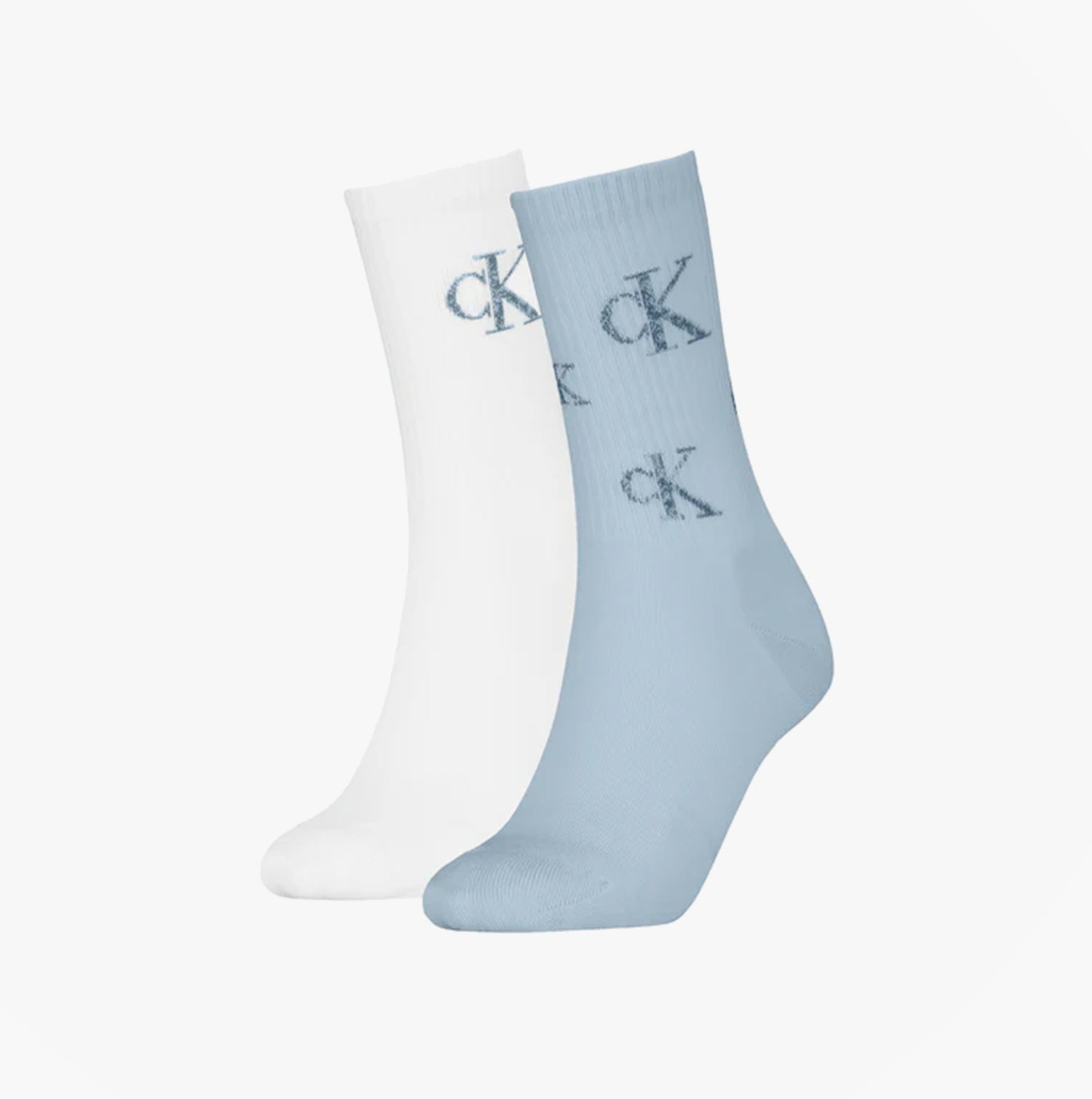 Calvin Klein 2 Pack Logo Trainer Womens Crew Socks Blue/White, front view showing blue and white socks with CK logo.