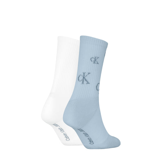 Calvin Klein 2 Pack Logo Trainer Womens Crew Socks Blue/White