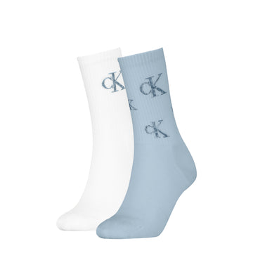 Calvin Klein 2 Pack Logo Trainer Womens Crew Socks Blue/White