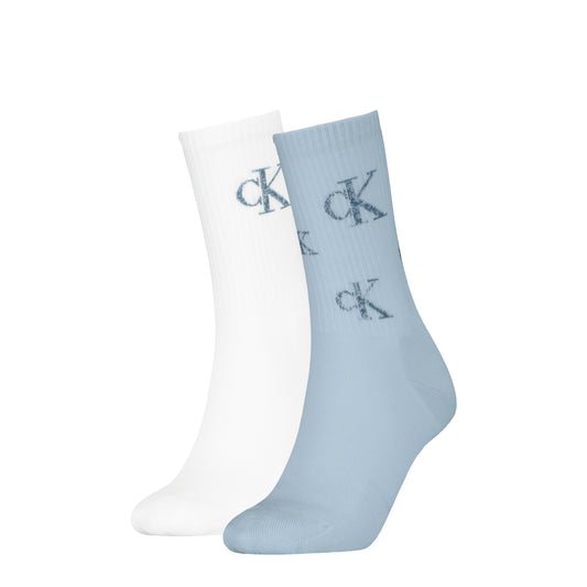 Calvin Klein 2 Pack Logo Trainer Womens Crew Socks Blue/White