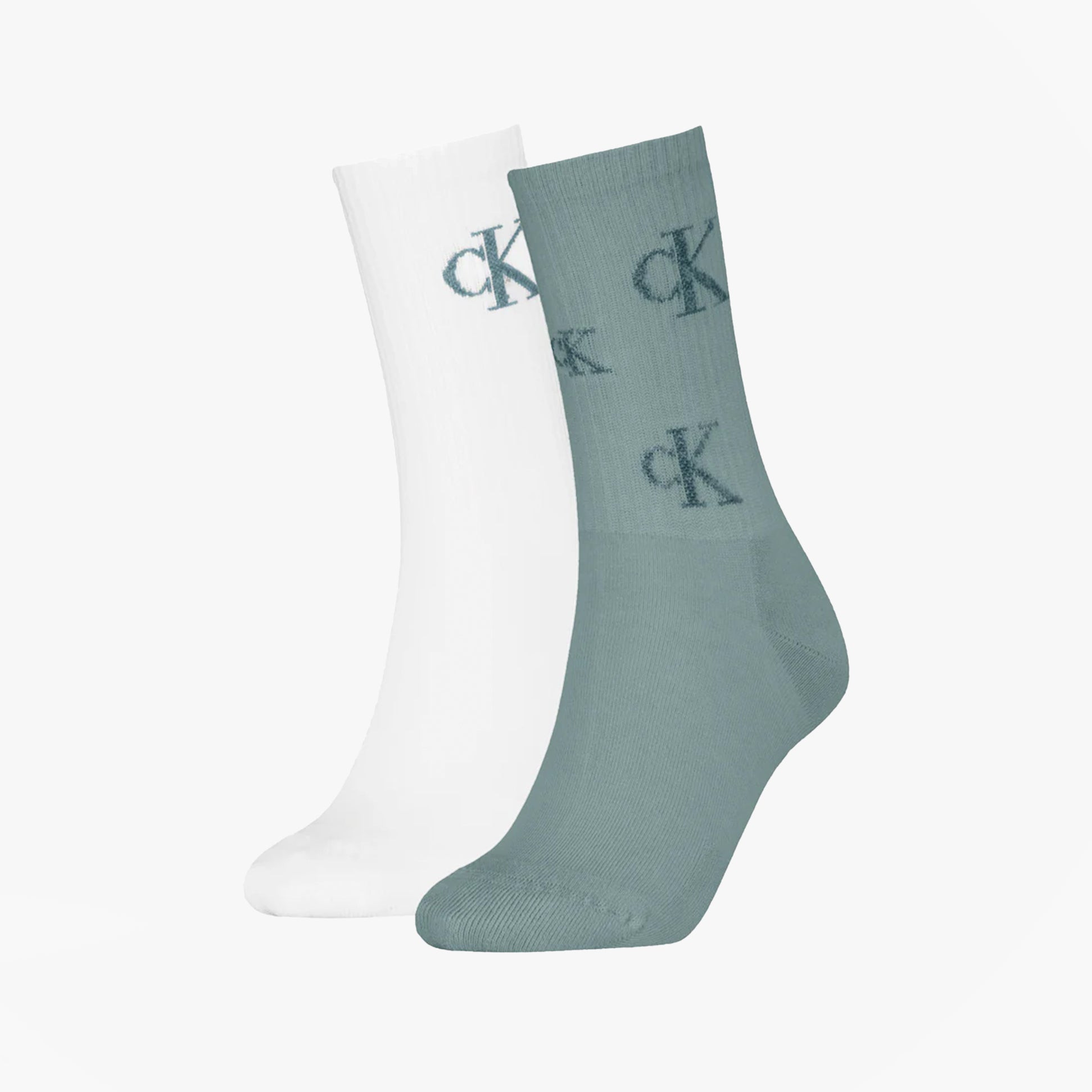 Calvin Klein 2 Pack Logo Trainer Womens Crew Socks Green/White