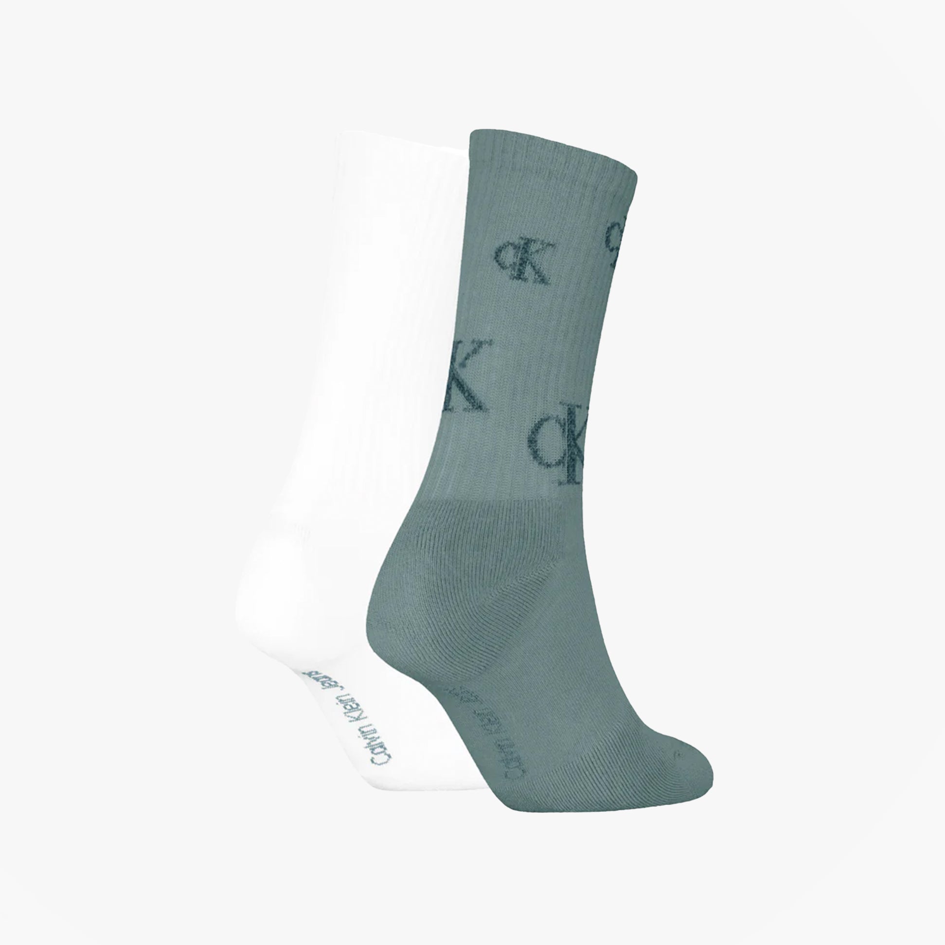 Calvin Klein 2 Pack Logo Trainer Womens Crew Socks Green/White