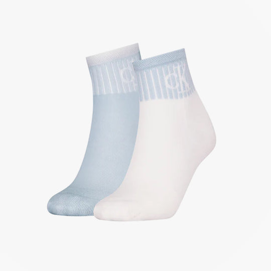 Calvin Klein 2 Pack Trainer Womens Ankle Socks Blue/White side view showcasing the blue and white pairs.