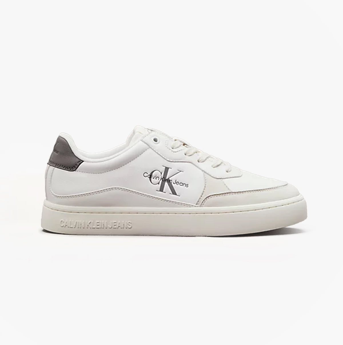 Calvin Klein CLASSIC CUP Mens Leather Trainers Bright White/Charcoal Grey side view showcasing the casual design and leather upper.
