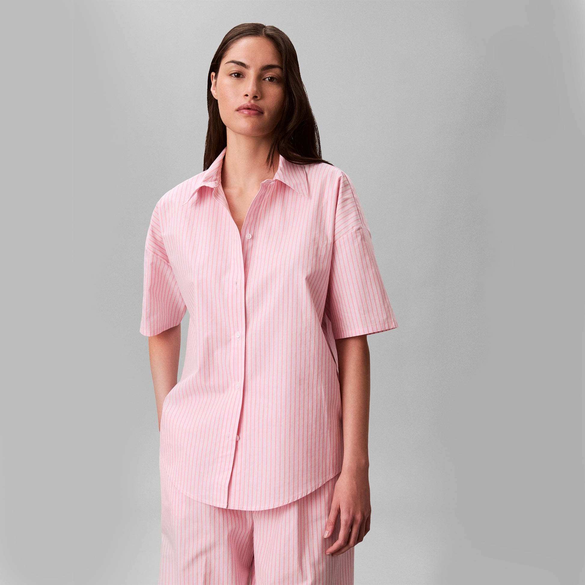 Calvin Klein SS SHIRT PANT Set Womens Pyjama Set Sera Stripe Cradle Pink