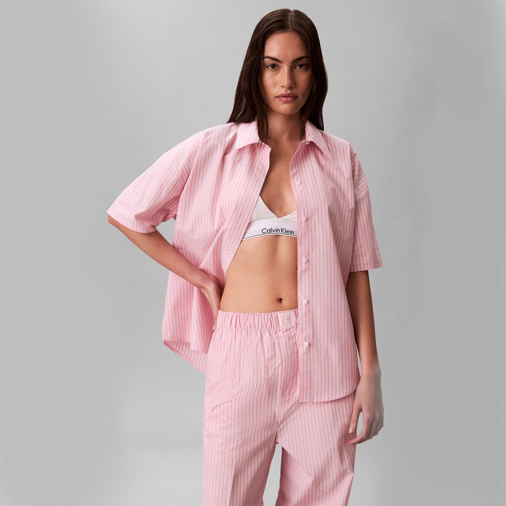 Calvin Klein SS SHIRT PANT Set Womens Pyjama Set Sera Stripe Cradle Pink