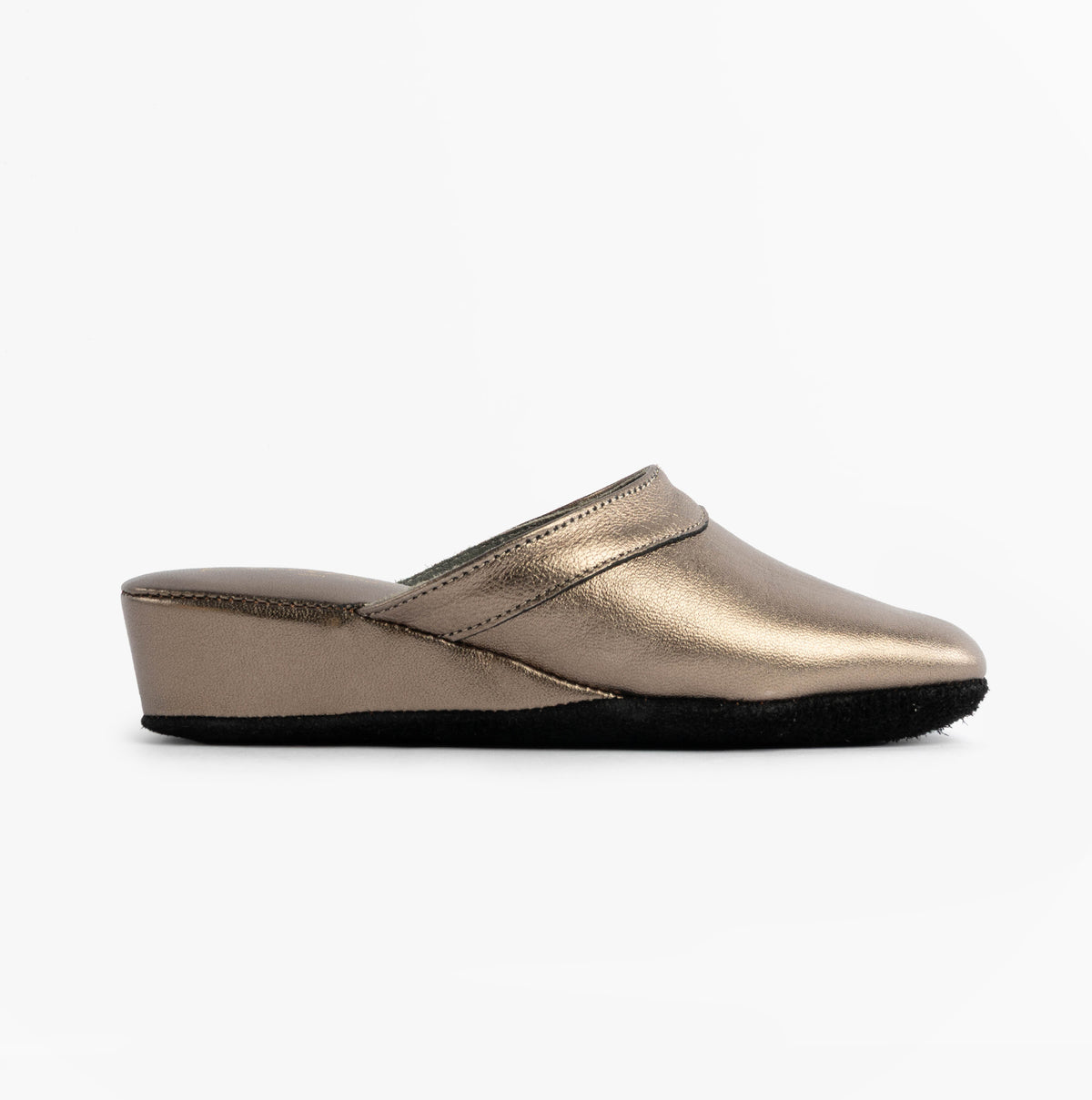 Chaleur FLORENCE Womens Mules Slippers in Gold, side profile view showing metallic finish and sleek design