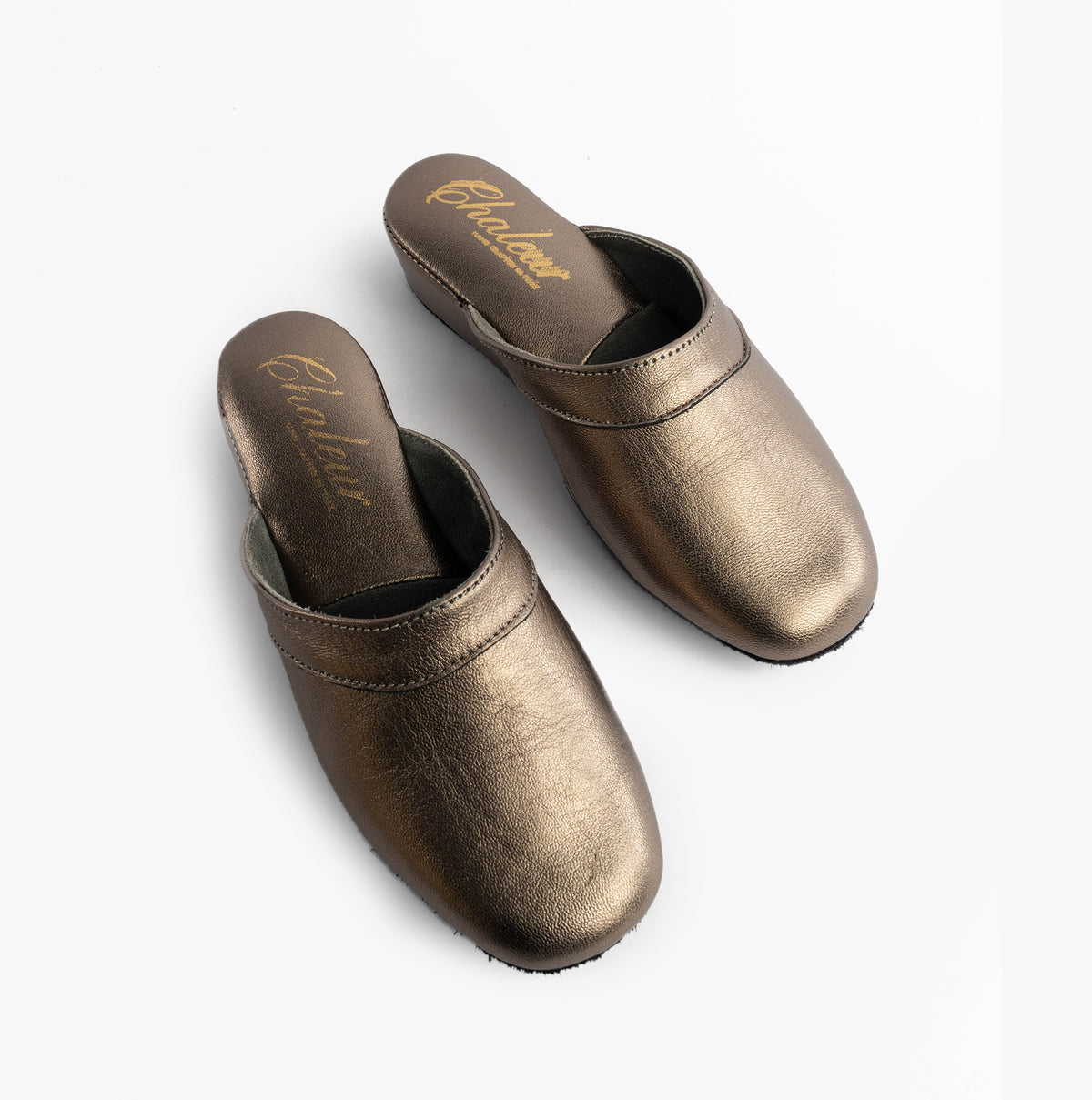 Chaleur FLORENCE Womens Mules Slippers in Gold, top-down view showing smooth metallic surface and rounded toe shape