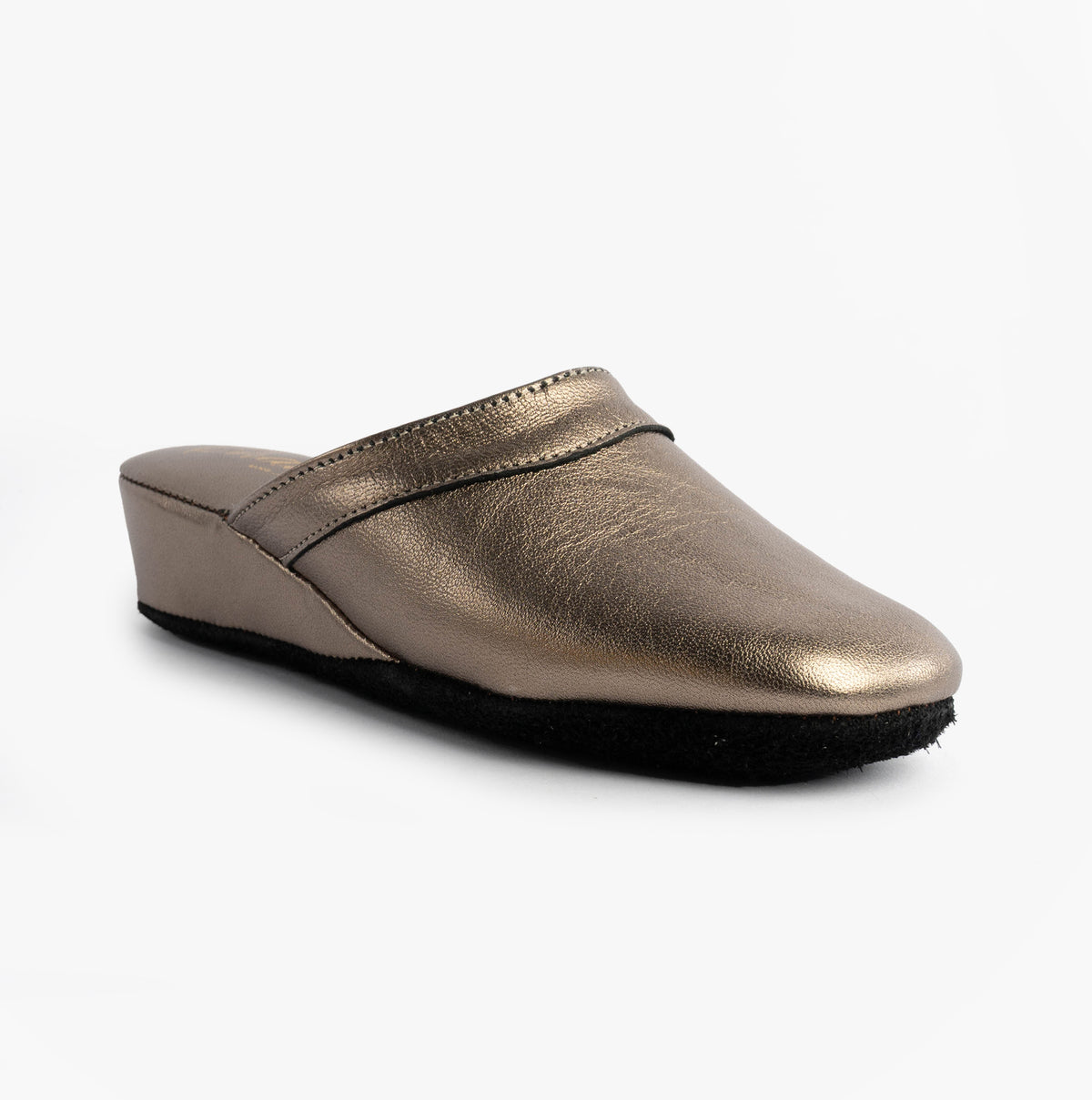 Chaleur FLORENCE Womens Mules Slippers in Gold, front view showing slip-on design with metallic sheen and stitched trim